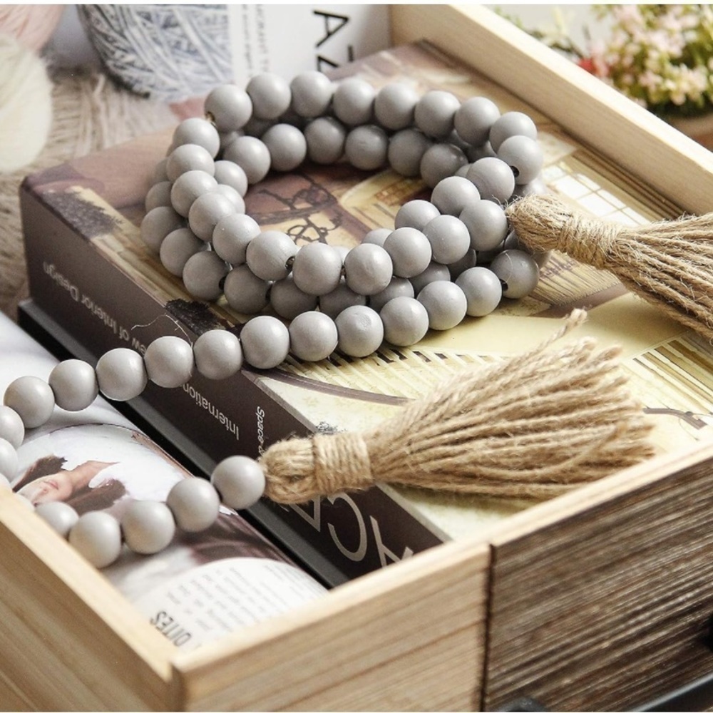 Rustic Boho Farmhouse Modern Cute Grey Beads/Wood Tie Tassel Garland Home Decor - Picture 1 of 5